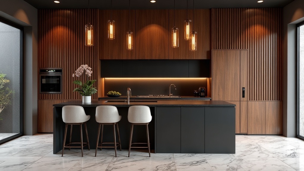 Cocina a la medida en nogal con isla, cubierta oscura e iluminación cálida