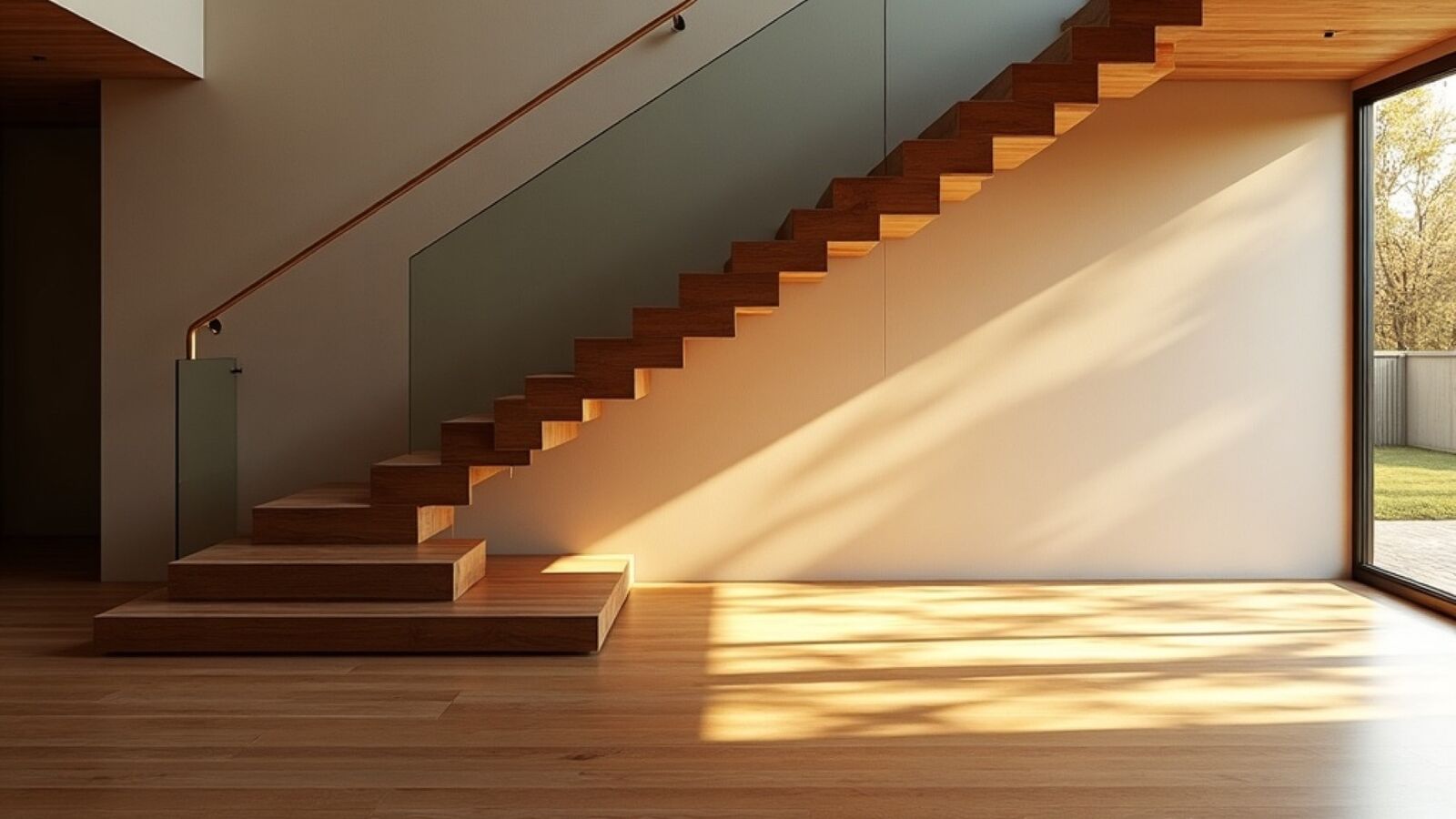 Escalera de madera flotante moderna con luz cálida