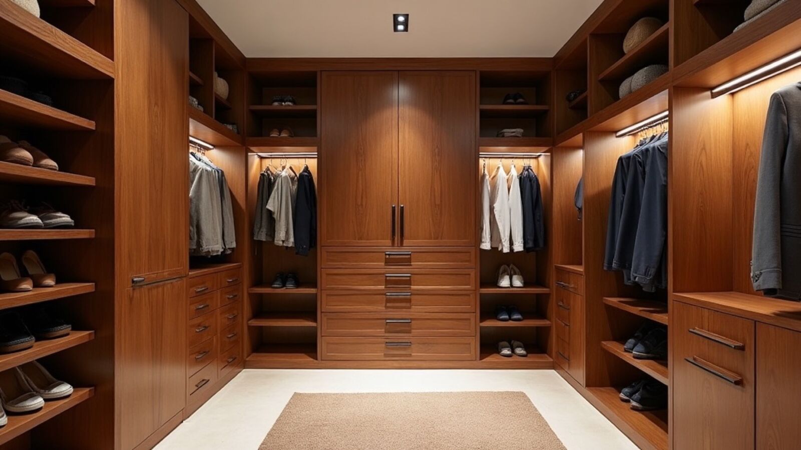 Vestidor y clóset a la medida moderno, ordenado y con iluminación