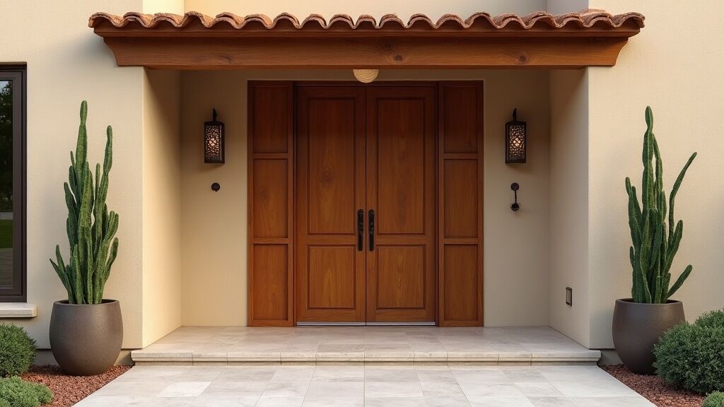 Puerta principal de madera en casa moderna