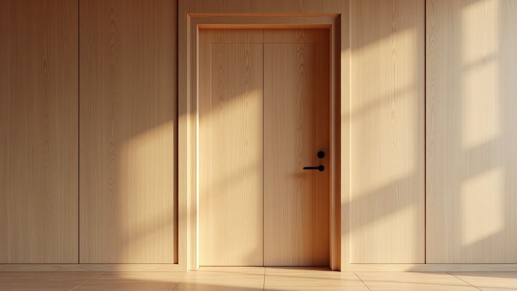 Puerta oculta de madera integrada al muro